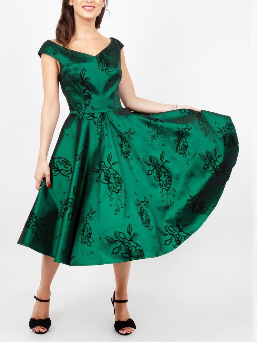 Vooddoo Vixen emerald green black floral midi dress Lily Taffeta Flared XXL